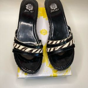 Yellow Box Cork Wedge Black Zebra Sandal